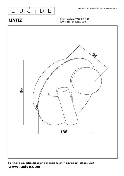 Lucide MATIZ - Lampe de chevet / Applique mural - Ø 16,5 cm - LED - 3000K - Point de rechargement USB - Blanc - technique